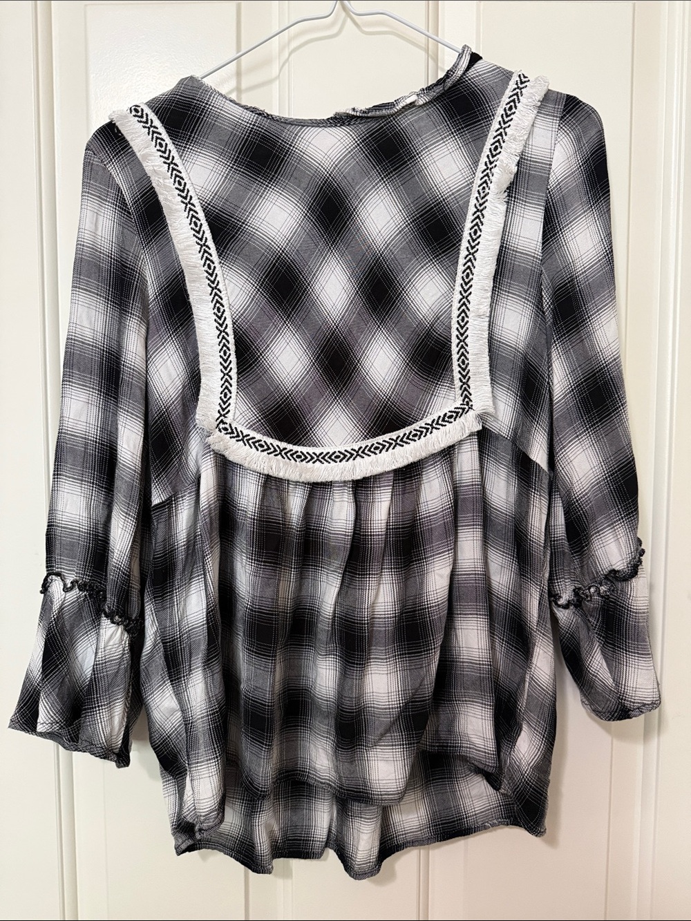 Boho Plaid Peasant Top - Black & White, Size Medium